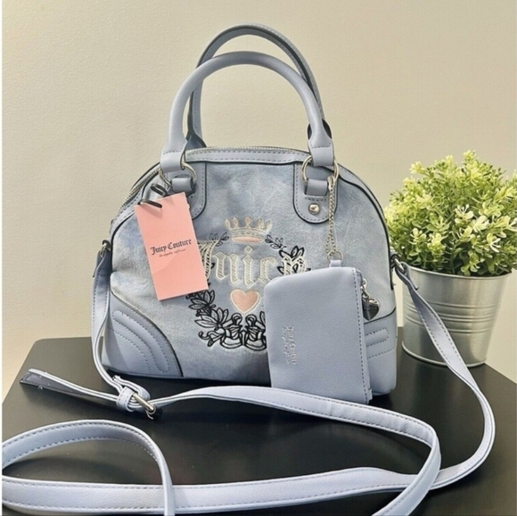 🔹️JUICY COUTURE🔹️ Heritage Dome Velour Satchel Bag Slate Blue NWT - Picture 1 of 3
